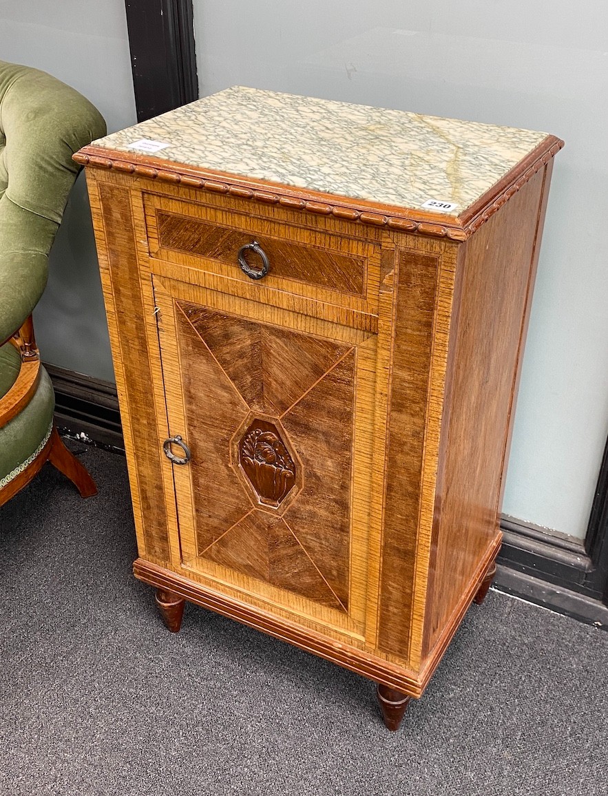 An early 20th century French marble topped small side cabinet, width 48cm, depth 33cm, height 78cm